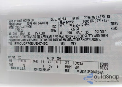 2014 Ford Escape S from USA, damaged, VIN 1FMCU0F70EUE47462